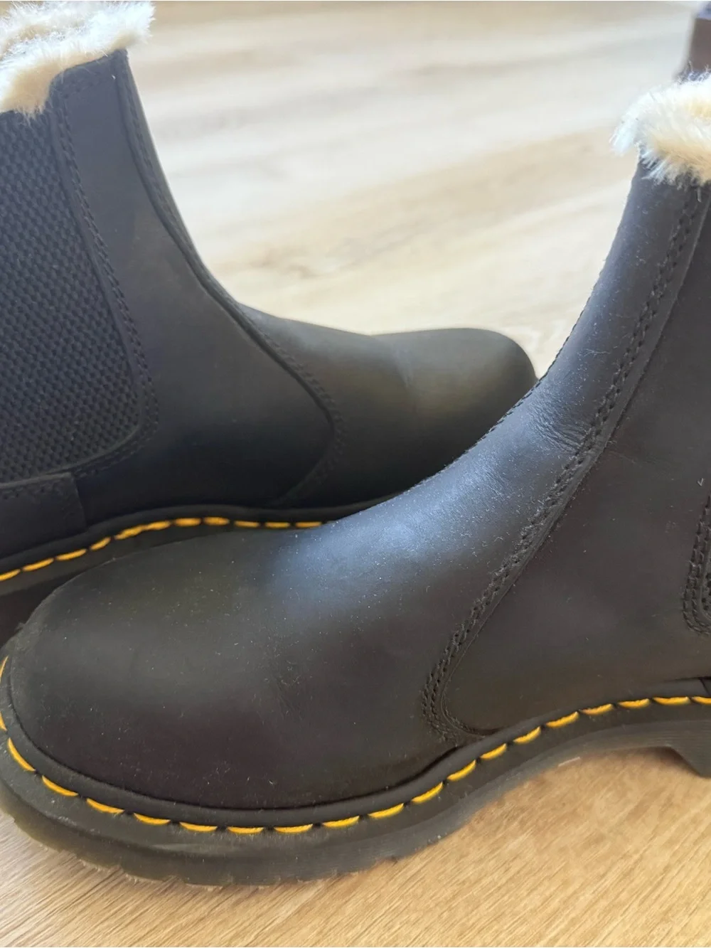 Dr. Martens Black Chelsea Winter Boots with Yellow Stitching and Cream Fur Trim